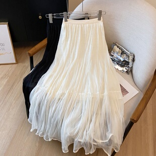 褶皱网纱拼接半身裙女2026春夏新款 裙女 高腰显瘦A字裙中长款