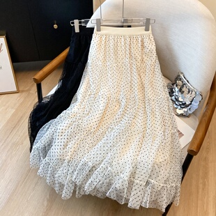 松紧高腰A字裙 新款 法式 浪漫风波点网纱蓬蓬半身裙女2026夏季