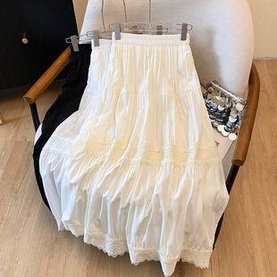 镂空设计拼接中长款 小清新白色花边半身裙女 裙女2026春夏新款