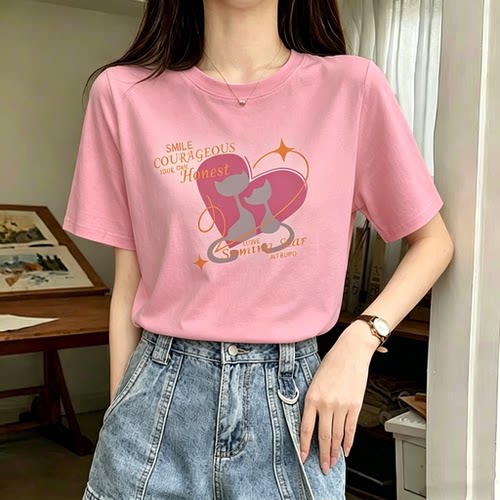 韩版女装马卡龙纯棉短袖t恤女夏季宽松高级感印花爆款ins半袖上衣