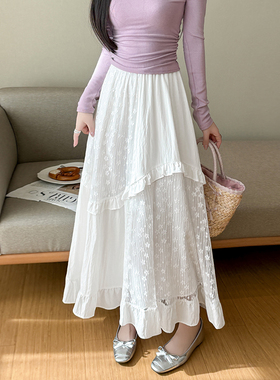 白色中长款半身裙女2026春夏新款蕾丝拼接荷叶边a字蛋糕裙长裙