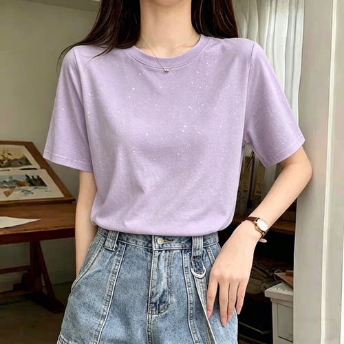 正肩闪闪满天星纯棉短袖t恤女2026夏季小个子爆款香芋紫半袖上衣