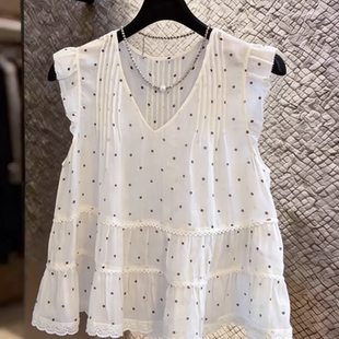 女夏季 独特别致绝美气质上衣 波点衬衫 韩系V领压褶蕾丝拼接小飞袖
