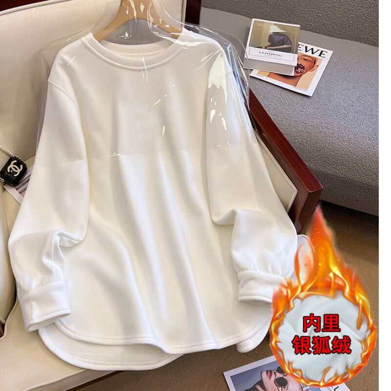 白色不规则加绒加厚卫衣女秋冬季宽松中长打底内搭上衣搭配打底裤