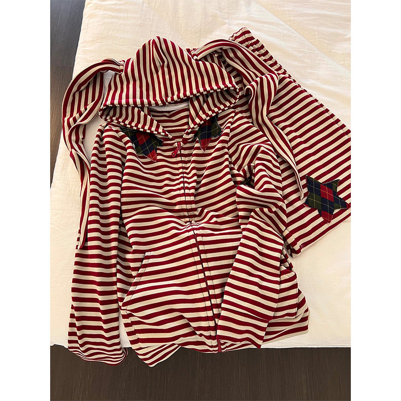 可爱兔耳连帽红白条纹长袖睡衣女冬季新款家居服加厚大码长裤套装