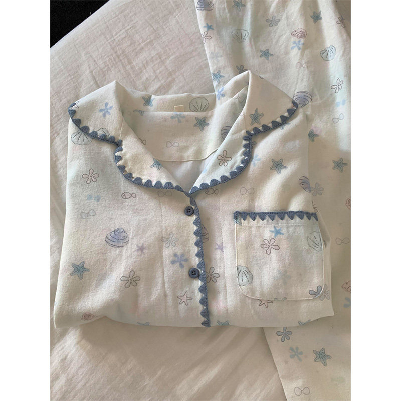 甜美可爱贝壳印花翻领长袖睡衣女春秋款网红风新款家居服大码套装,女士内衣/男士内衣/家居服,睡衣/家居服套装,淘宝优惠券,粉丝福利购,淘宝优惠卷