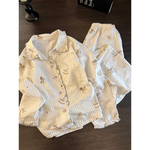 韩系木耳边设计可爱木马人印花长袖睡衣女春秋款新款家居条纹套装