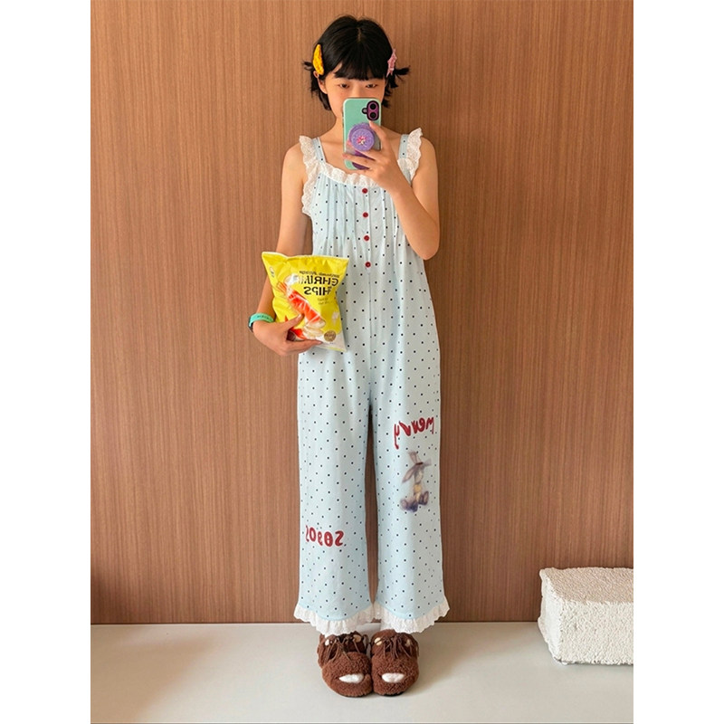 韩系波点可爱印花吊带睡衣女夏季连体裤设计舒适家居服套装可外穿