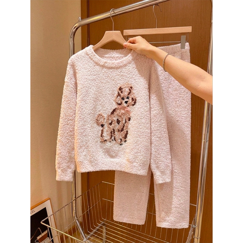 韩版粉色可爱卡通睡衣女秋冬加厚长裤可外穿毛绒家居服套装松弛感