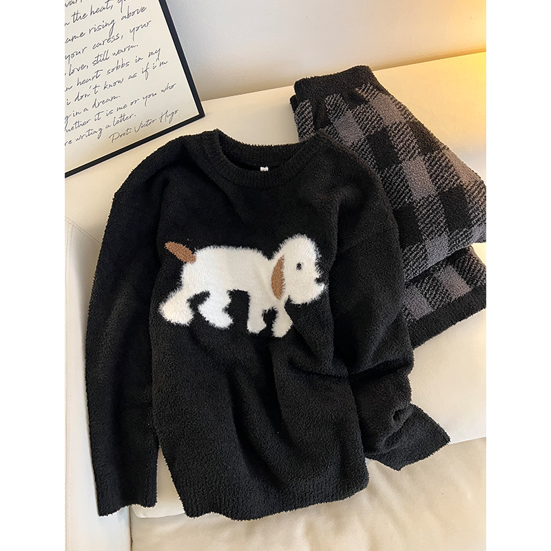 韩系卡通小狗印花半边绒睡衣女