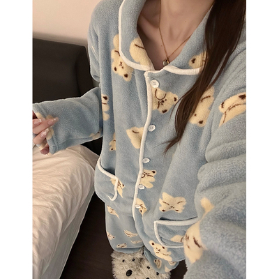 软萌可爱卡通小熊法兰绒睡衣女