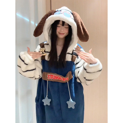 小狗连帽珊瑚绒一体式睡衣女秋冬