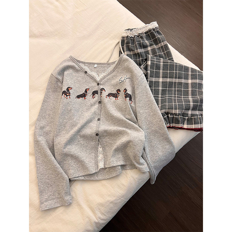 韩版慵懒风少女蕾丝拼接长袖睡衣女春秋款新款休闲舒适家居服套装,女士内衣/男士内衣/家居服,睡衣/家居服套装,淘宝优惠券,粉丝福利购,淘宝优惠卷