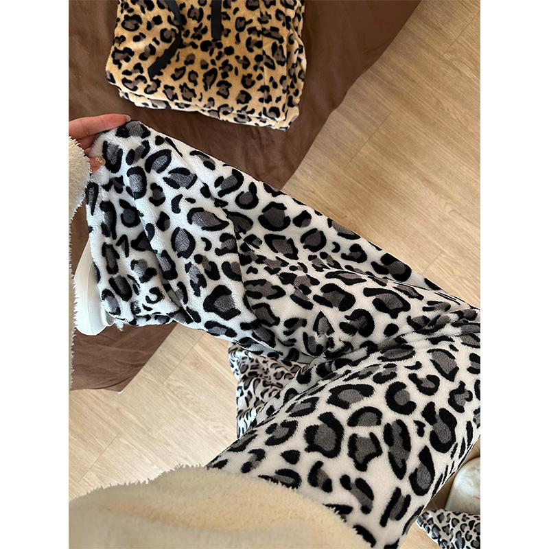 韩系纯欲风少女豹纹印花宽松睡裤女秋冬季新款家居服毛绒遛弯长裤