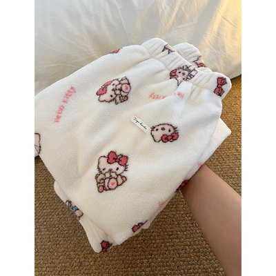 可爱印花珊瑚绒长裤睡裤女秋冬季