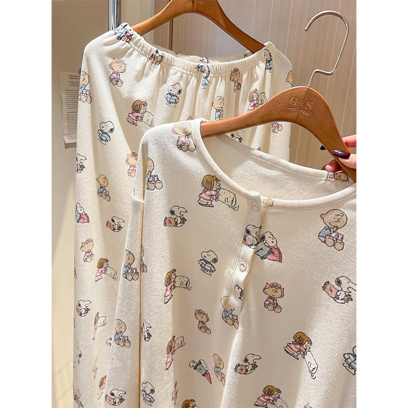甜美少女卡通史努比印花休闲长袖睡衣女春秋款新款家居服套装外穿