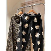 ins风可爱豹纹印花毛绒睡裤 外穿 家居珊瑚绒遛弯长裤 女秋冬季 新款