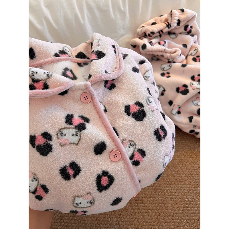 韩系甜美风少女豹纹Kitty毛绒睡衣女秋冬季新款家居服珊瑚绒套装,女士内衣/男士内衣/家居服,睡衣/家居服套装,淘宝优惠券,粉丝福利购,淘宝优惠卷