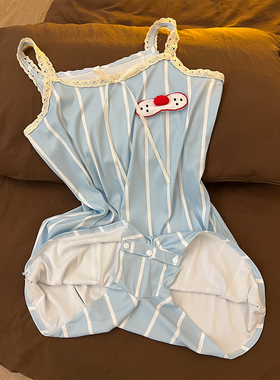 韩系蓝色条纹酷猫连体吊带睡衣女夏季设计感一体式凉感家居服外穿