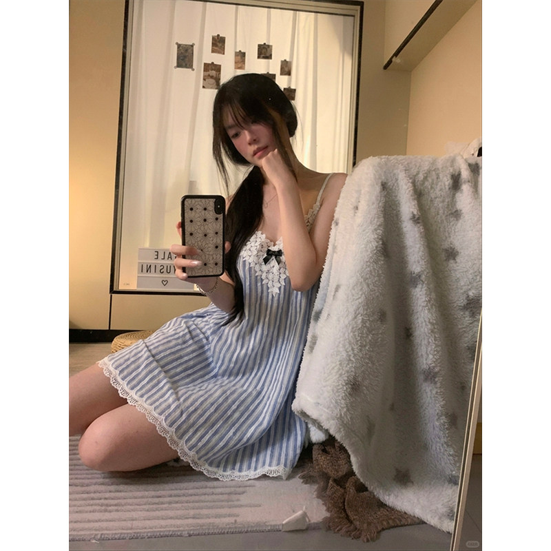 韩式清新蓝色条纹蕾丝睡衣吊带睡裙少女夏季V领新款可外穿家居服