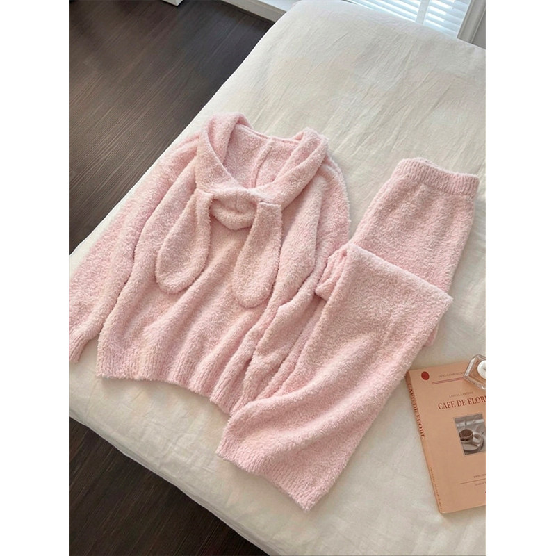 甜美风粉色兔耳连帽长袖睡衣女秋冬保暖长裤可外穿毛绒家居服套装