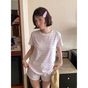 睡衣女春夏季 休闲套装 新款 短裤 外穿 家居服大码 甜美风爱心印花短袖