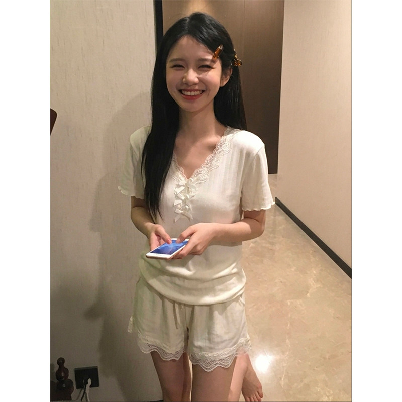 法式蕾丝V领夏季女睡衣套装图片