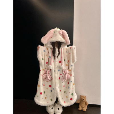 少女可爱兔子连帽珊瑚绒睡袍女