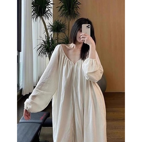 韩式高级复古长袖睡衣女款春秋季新款设计感露背连衣裙家居服睡裙