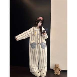 卡通料理鼠王印花少女条纹毛绒睡衣女秋冬季新款家居服加厚连体衣