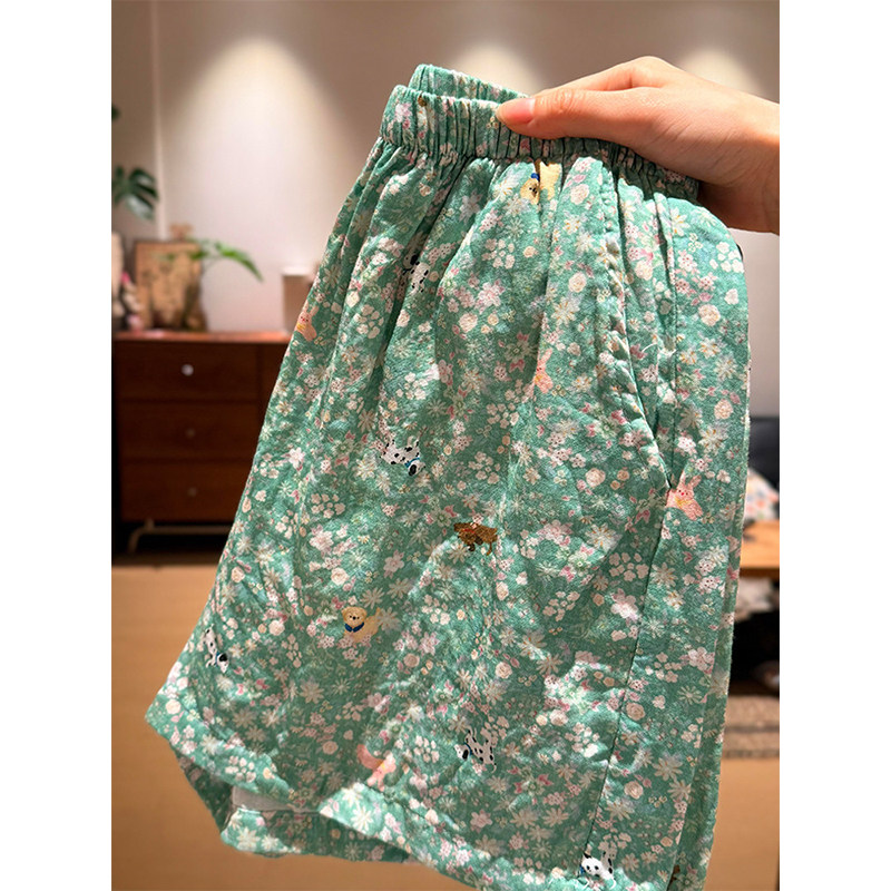 日系小清新风碎花睡裤少女夏季新款高腰皮筋家居裤可出门遛弯短裤