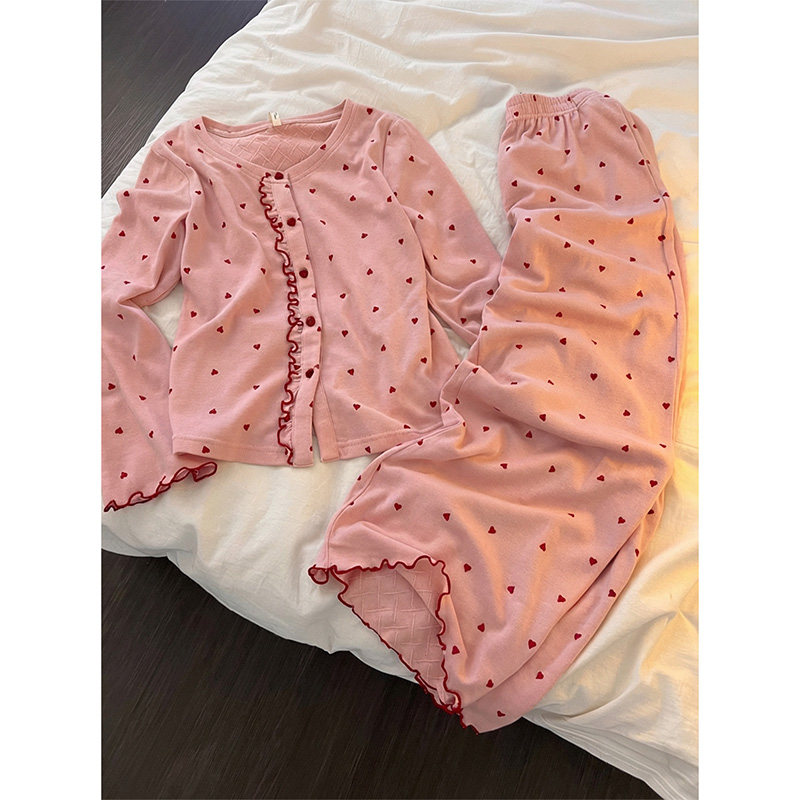 温柔风少女爱心印花长袖德绒睡衣女春秋季新款家居服大码长裤套装,女士内衣/男士内衣/家居服,睡衣/家居服套装,淘宝优惠券,粉丝福利购,淘宝优惠卷