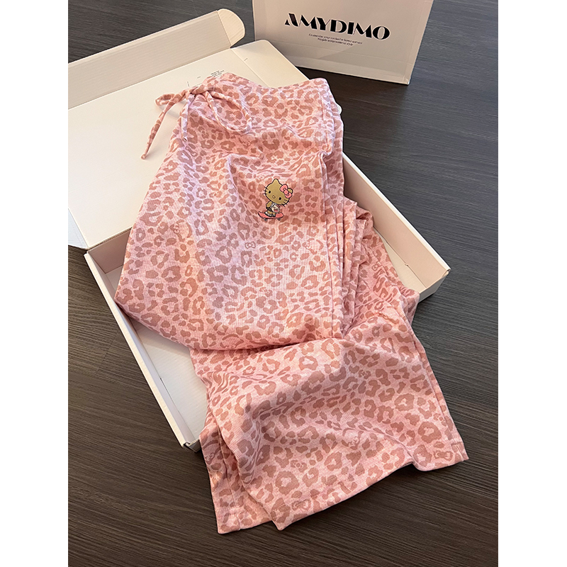 甜美风少女KT猫豹纹印花睡裤女