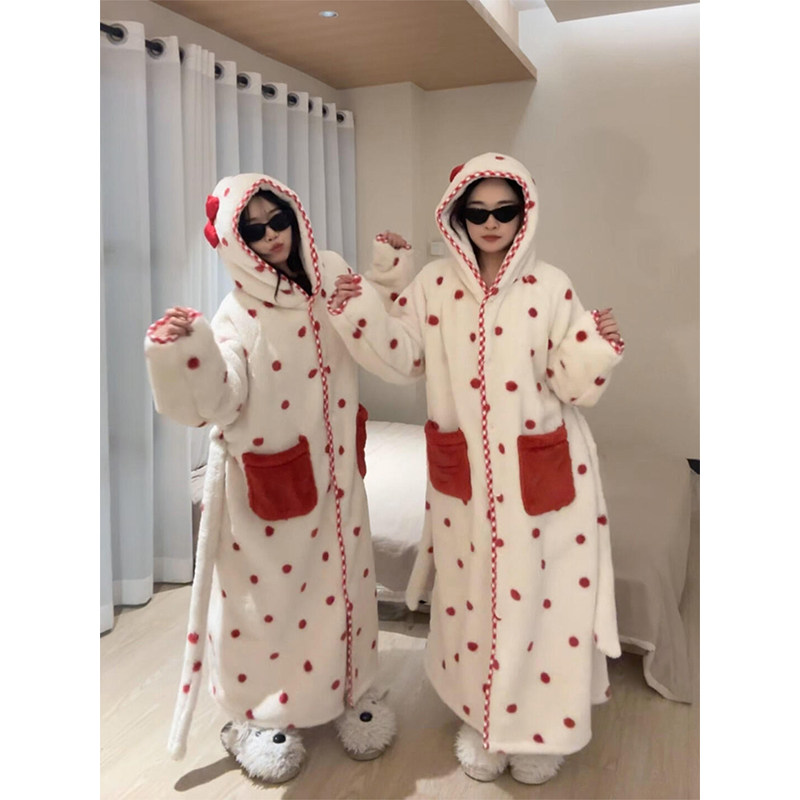 甜美风波点连帽设计感长袖睡袍女秋冬季加厚保暖可外穿毛绒家居服