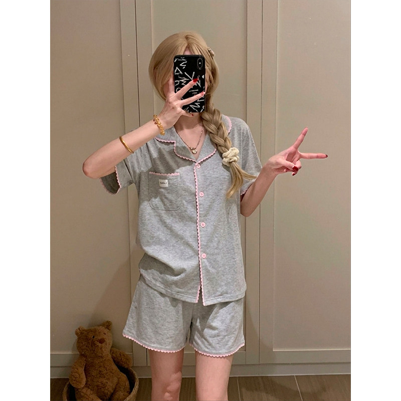 韩版ins开衫式睡衣少女夏季舒适短袖短裤套装甜美风家居服可外穿