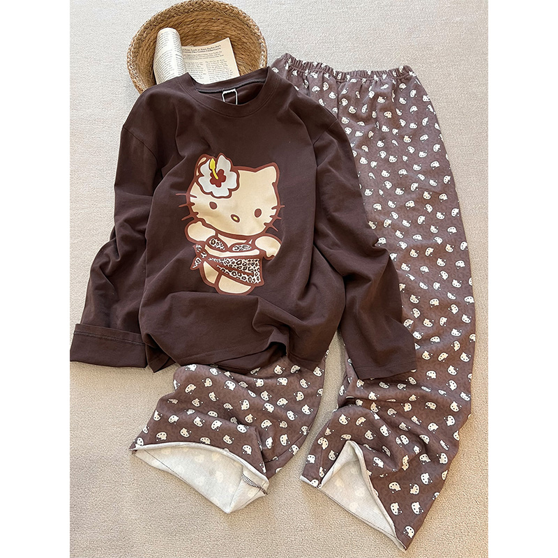 甜美可爱HelloKitty德绒长袖睡衣女秋冬季新款家居服休闲长裤套装