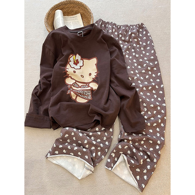 甜美可爱HelloKitty德绒长袖睡衣女秋冬季新款家居服休闲长裤套装