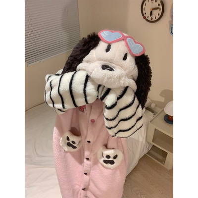 软萌可爱卡通连帽毛绒睡裙女秋冬季新款家居服加厚保暖珊瑚绒睡袍