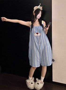 休闲风蓝色条纹酷猫连体吊带睡衣女夏季一体式凉感家居服套装外穿