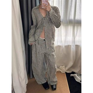休闲长裤 新款 大码 外穿 家居服套装 高级感格纹长袖 韩版 睡衣女士夏季