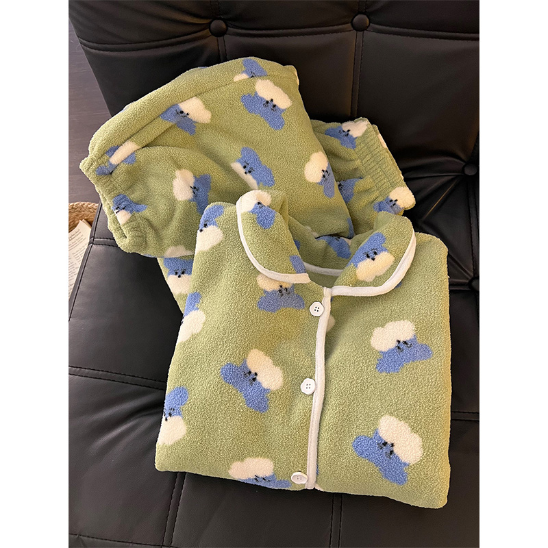 翻领开衫法兰绒睡衣女秋冬季