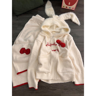 毛茸茸兔耳朵毛绒针织睡衣女冬季新款加厚家居服大码长裤套装外穿