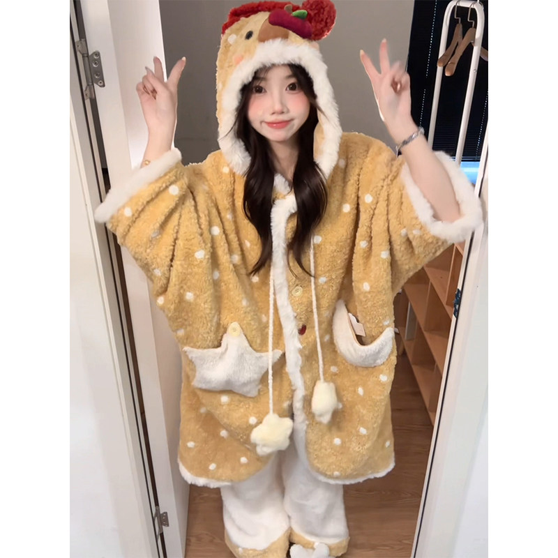 可爱风卡通连帽开衫睡衣女秋冬加绒长袖长裤可外穿毛绒家居服套装