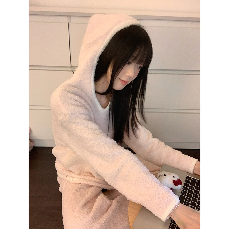 连帽甜美少女纯色半边绒睡衣女冬