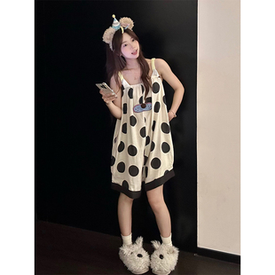 软萌可爱ins酷猫吊带连体睡衣女夏季波点一体式连体家居服可外穿