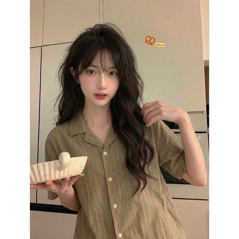 韩系少女休闲条纹翻领短袖睡衣女春夏季新款家居服大码短裤两件套