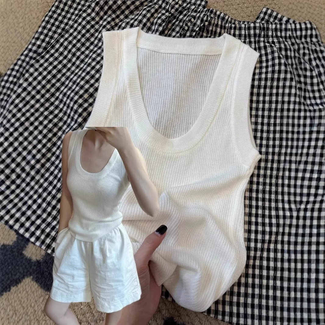 薄款冰丝U领针织吊带女夏季2026遮副乳螺纹无袖上衣慵懒外穿背心