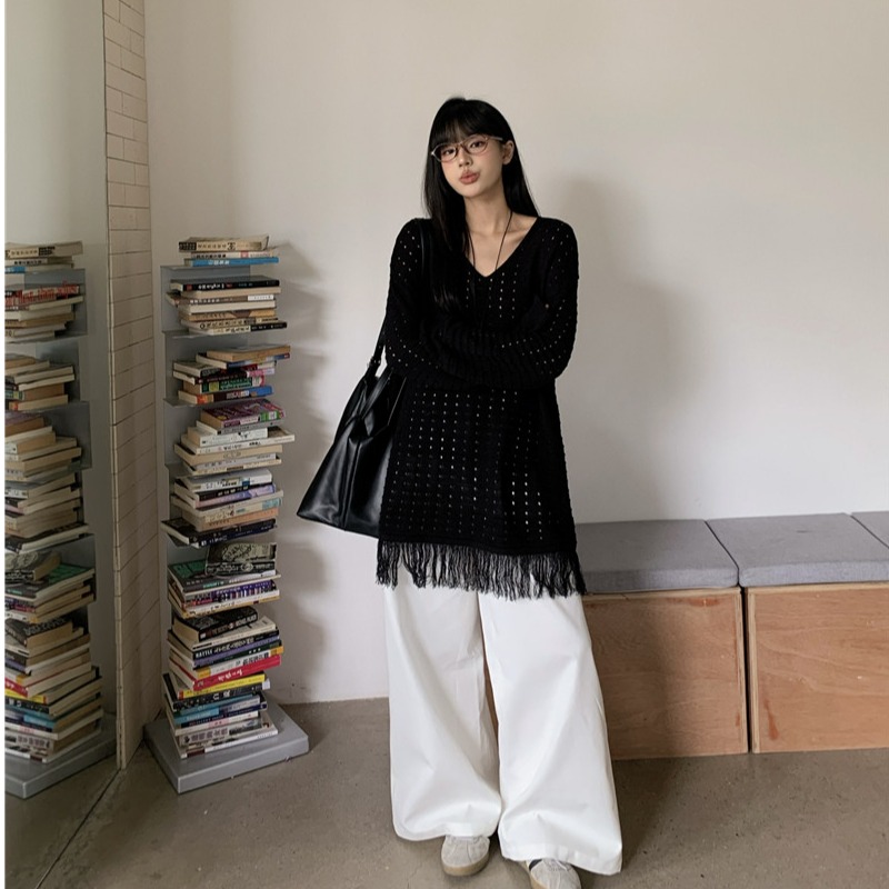 实拍实价 v领镂空设计流苏针织毛衣针织衫+宽松白色休闲阔腿裤