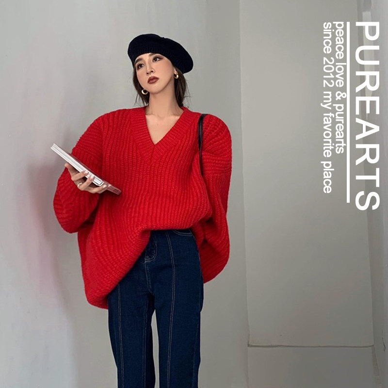 特价 韩国东大门宽松V领大毛衣ins风洋气红色显瘦麻花针织衫上衣