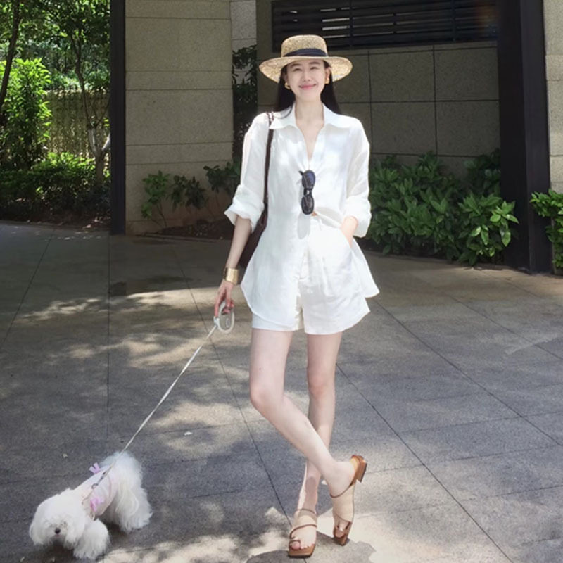 老钱风亚麻白衬衫套装女夏 慵懒松弛宽松高端棉麻衬衣短裤两件套